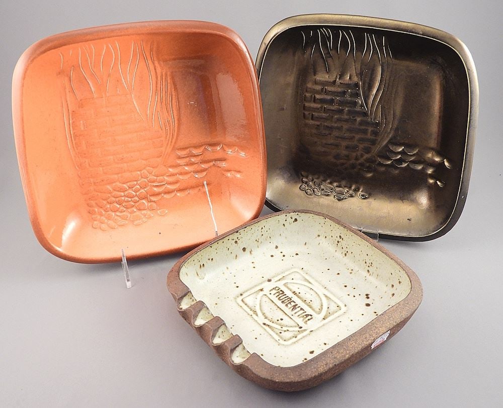Three Mid-Century Pottery Ashtrays, 2 signed, 7 3/8 - 9"w.: Three Mid-Century Pottery Ashtrays, 2 signed, 7 3/8 - 9"w.