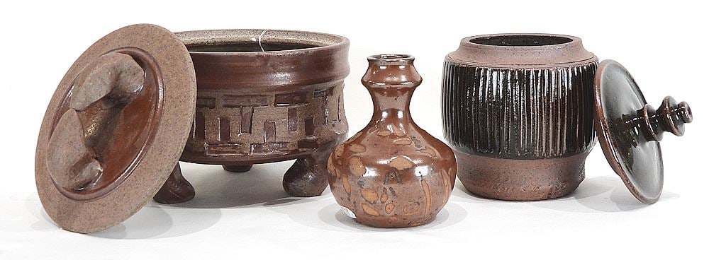 Three Stoneware Vessels w/Impressed Mark of Des Loan, 5 1/8 - 7 1/2"h.: Three Stoneware Vessels w/Impressed Mark of Des Loan, 5 1/8 - 7 1/2"h.