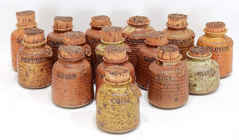 Collectioni of Stoneware Condiment Jars Signed Carol Graham, 2 5/8" - 3 5/8". (1 of 4)