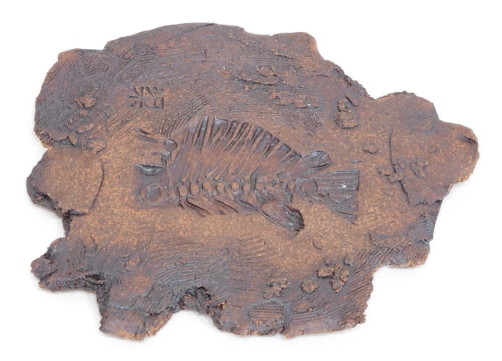 Stoneware "Fish" Tile with Impressed Mark of Ed Drahanchuk, 5 1/2 x 6 3/4 ". (1 of 2)