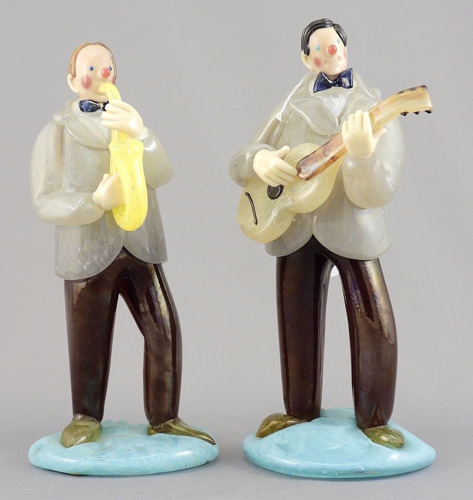 Two Czech Glass Musicians, 7 3/4"h (saxophone repaired). (1 of 4)