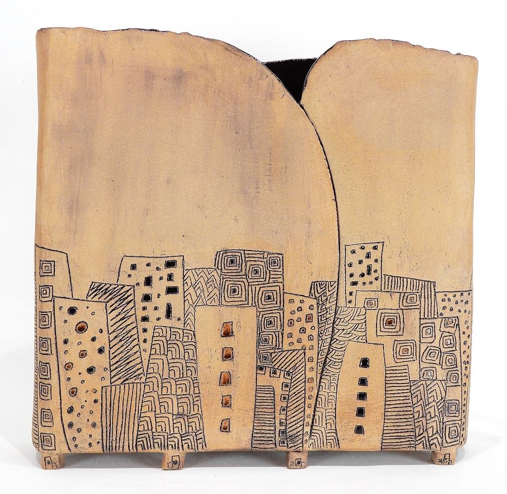 Hand Built Ceramic Vase signed Margit (Nellemann), 15 1/4 x 15 1/2 x4". (1 of 6)