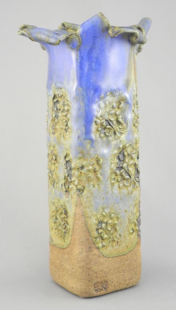 Stoneware Vase w/Blue Everted Rim Impressed Ed Drahanchuk, 11"h.: Stoneware Vase w/Blue Everted Rim Impressed Ed Drahanchuk, 11"h.