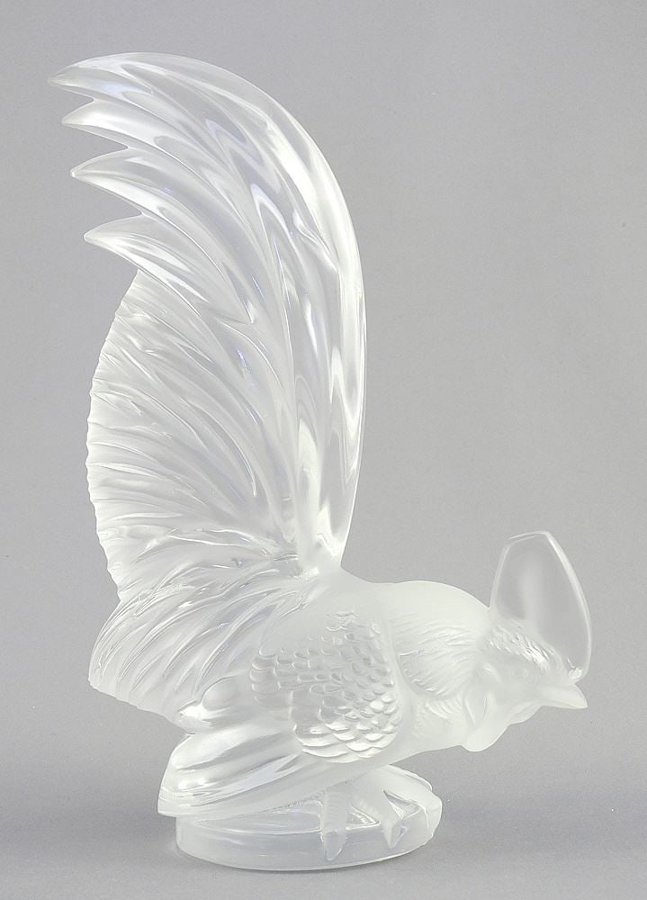Lalique France Frosted "Coq Nain", Car Mascot, 8 1/4".: Lalique France Frosted "Coq Nain", Car Mascot, 8 1/4".