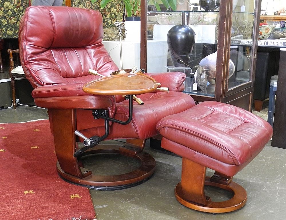 Red Leather Swivel Armchair & Stool. (1 of 2)