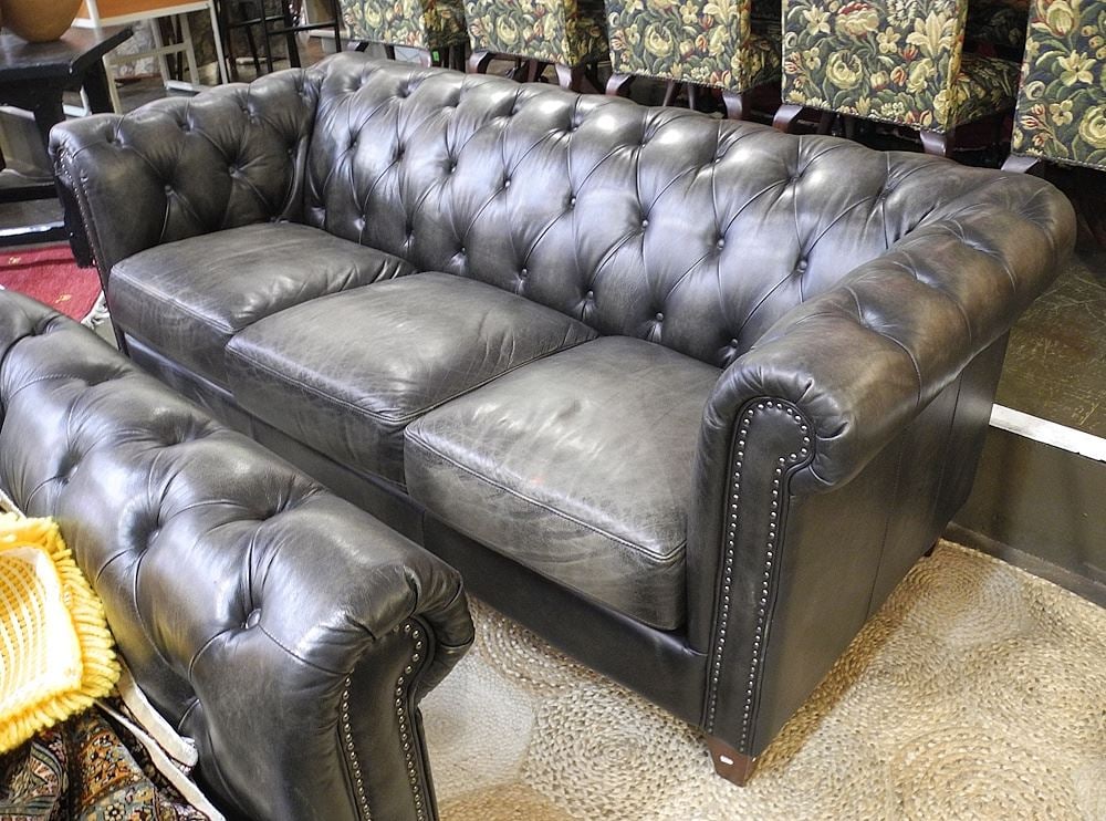 Contemporary Black Leather Chesterfield, 7'L. (1 of 2)