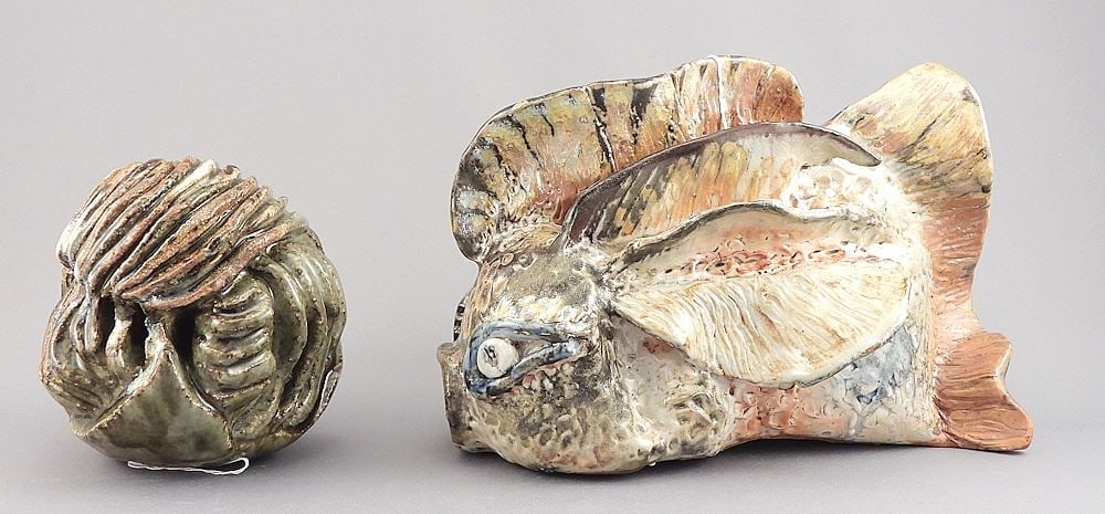 Stoneware Fish & Coral, Fish Monogrammed DS'50, 8 & 4 3/8"L.: Stoneware Fish & Coral, Fish Monogrammed DS'50, 8 & 4 3/8"L.