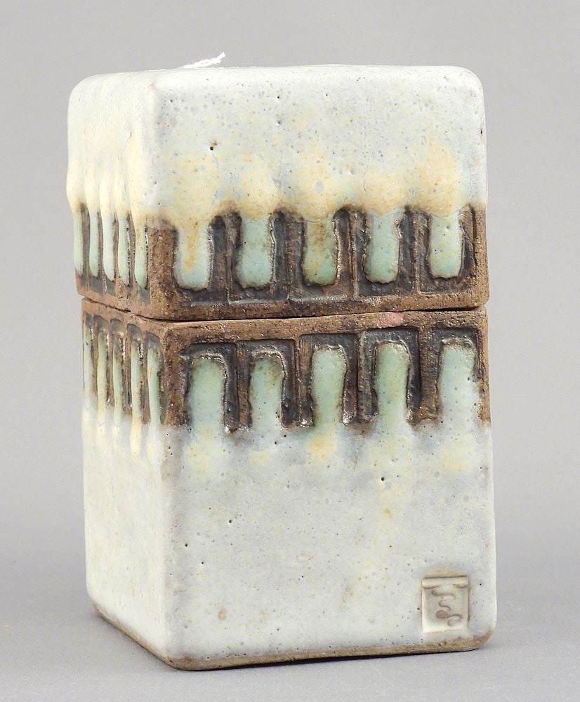 Stoneware Box w/Impressed Mark, 4 5/8"h.: Stoneware Box w/Impressed Mark, 4 5/8"h.