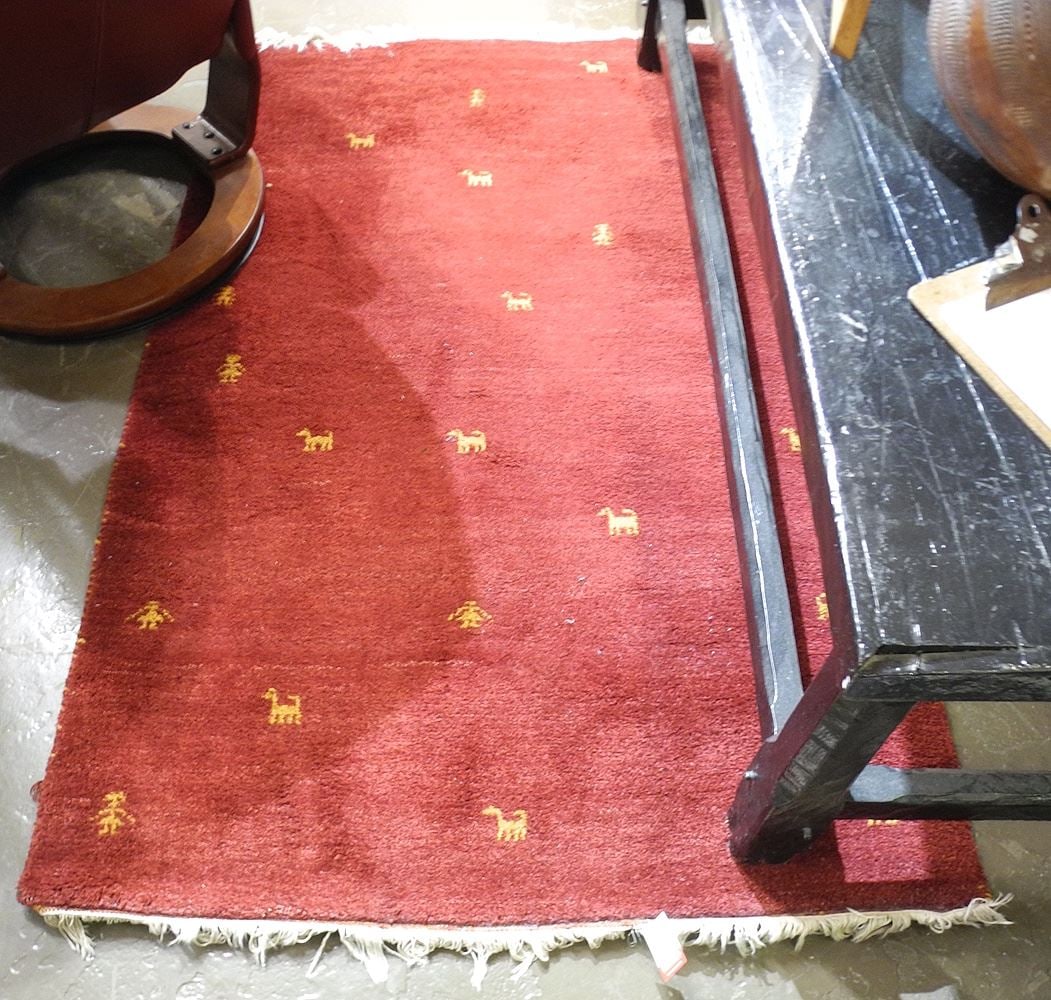 Gabbeh Carpet, Ruby Ground, 3'11" x 5'11".: Gabbeh Carpet, Ruby Ground, 3'11" x 5'11".