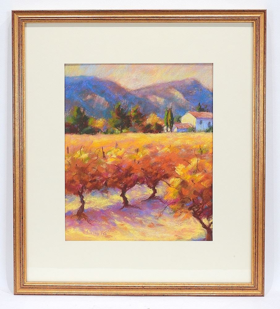 Pastel on Paper signed (Gail) Sibley , 12 x 10" "Orchard Scene w/ Mountains in Distance". (1 of 3)