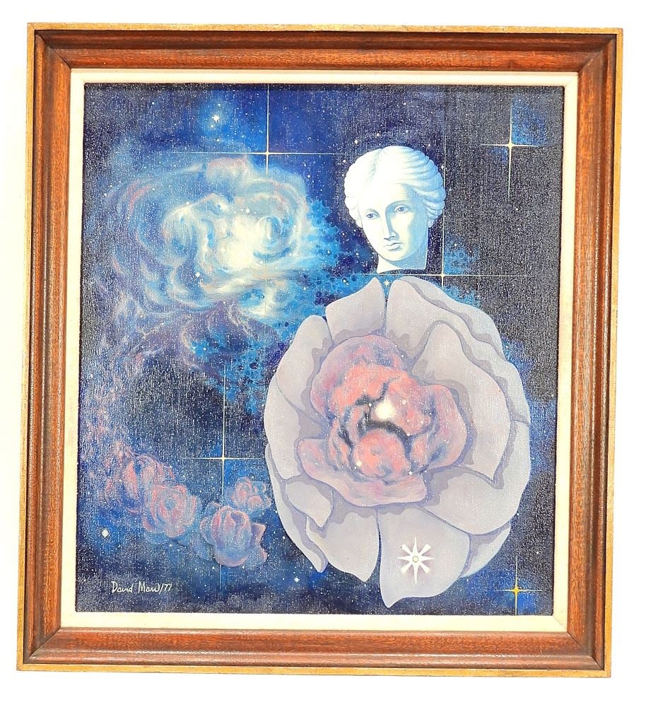 Oil on Canvas signed David Maw '77, 24 x 22" "Nebulous Blossoms" & "Blue Lady".: Oil on Canvas signed David Maw '77, 24 x 22" "Nebulous Blossoms" & "Blue Lady".