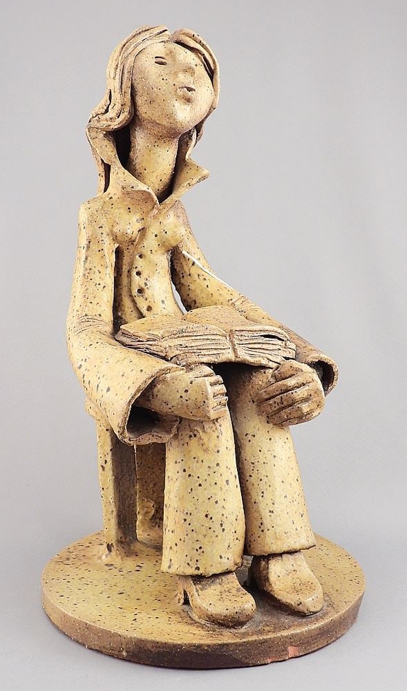 Stoneware Sculpture signed Perron Quebec, 12 3/4", "Seated Girl Reading".: Stoneware Sculpture signed Perron Quebec, 12 3/4", "Seated Girl Reading".