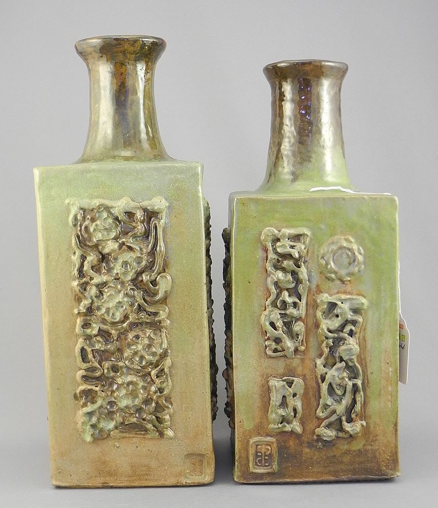 Pair of Stoneware Bottle Vases w/ Impressed Marks. (1 of 3)