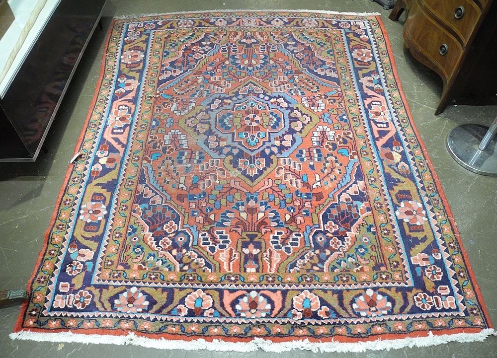 Hand Knotted Wool Persian Carpet Approximately 7'3" x 5'6" (as found/ wear patterns noted).: Hand Knotted Wool Persian Carpet Approximately 7'3" x 5'6" (as found/ wear patterns noted).