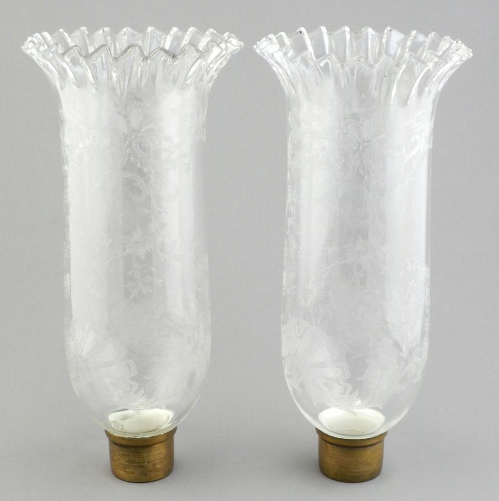 Pair of Acid Etched Glass Storm Chimneys for candles.: Pair of Acid Etched Glass Storm Chimneys for candles.