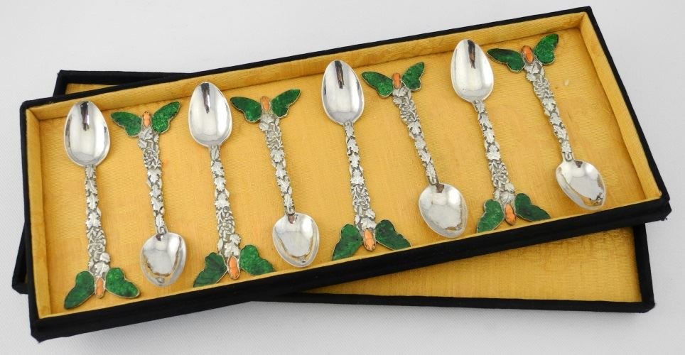 Set of 5 Chinese Silver Coffee Spoons with hardstone (1 of 3)