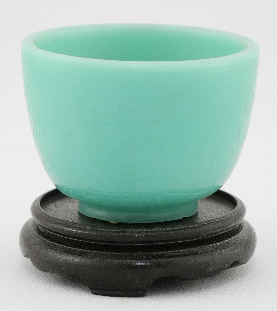 Pale Green Peking Glass Engraved Wine Cup and a: Pale Green Peking Glass Engraved Wine Cup and a Porcelain box.