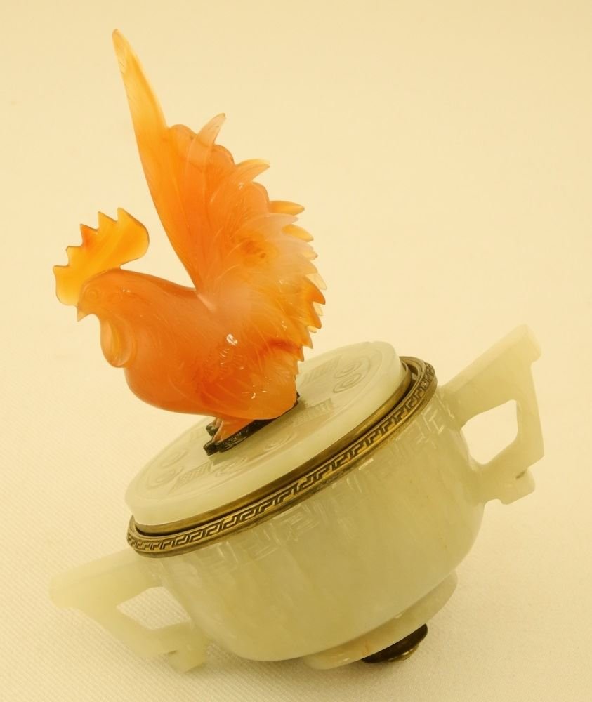 Carved Serpentine Rooster Mounted Jade Inkwell by (1 of 2)