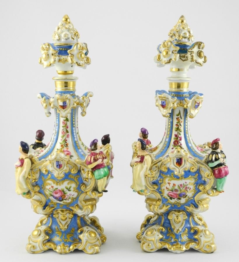 Pair of 19th C. Enameled & Gilded French Porcelain: Pair of 19th C. Enameled & Gilded French Porcelain Bottles, blue mark Jacob Petite.