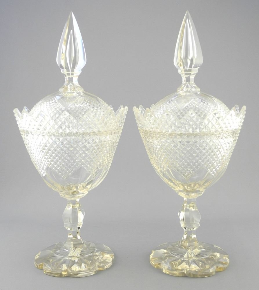 Pair of Tall Stemmed Cut Glass Compotes and Covers with (1 of 1)