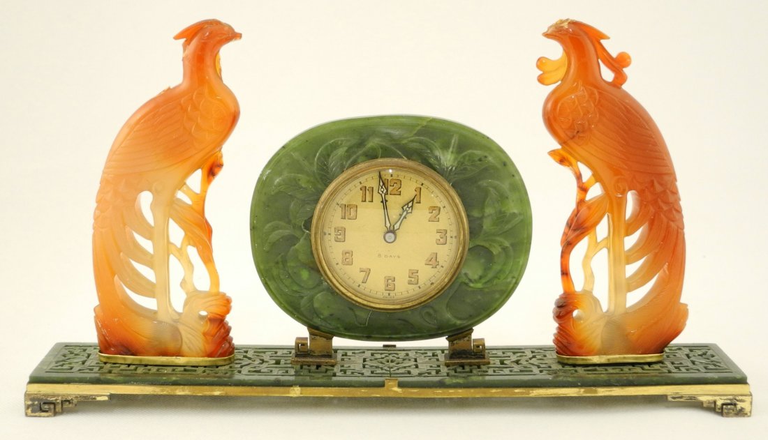 Carved Serpentine Desk Clock flanked by two Phoenix, by (1 of 2)