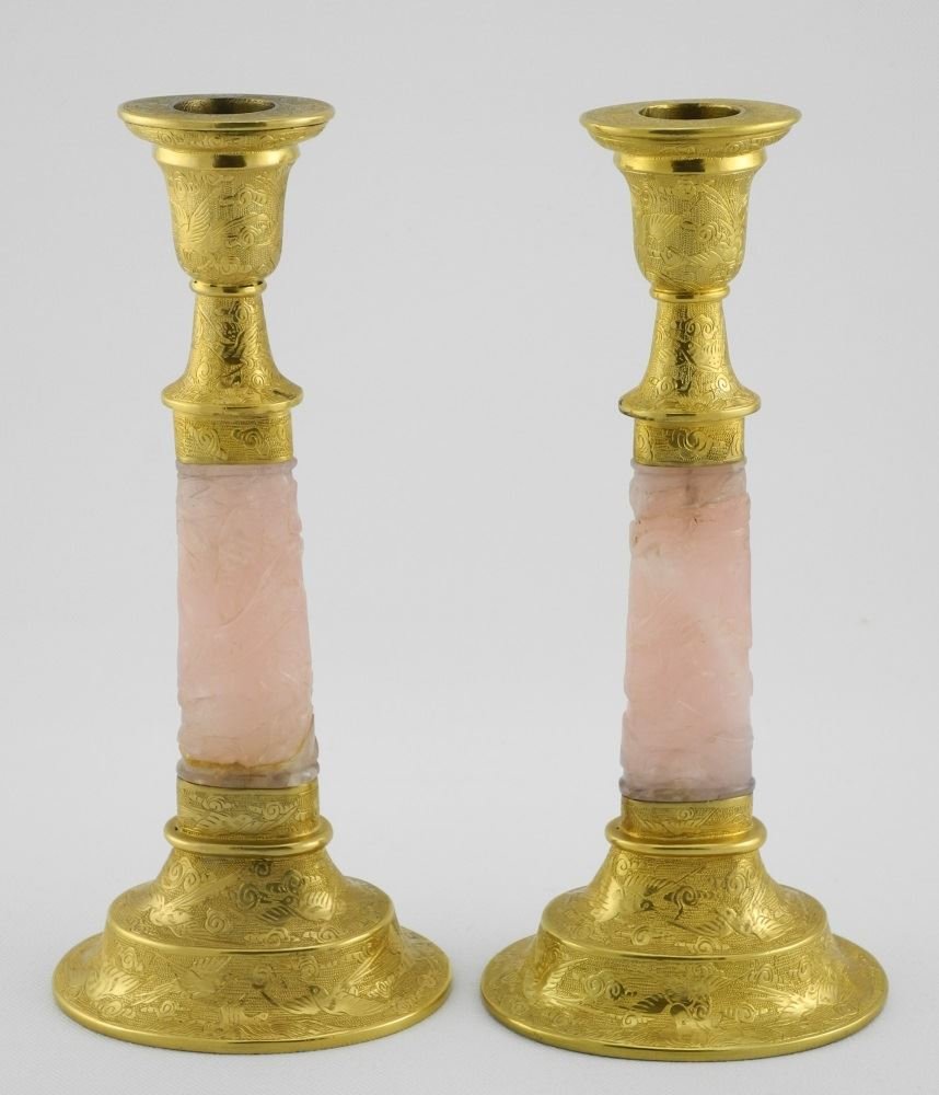 Pair of Chinese rose quartz candle- sticks with gilt (1 of 4)