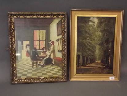 Lilyan Clare, 'The Avenue', oil on canvas, signed, and: Lilyan Clare, 'The Avenue', oil on canvas, signed, and another after Pieter de Hooch, figures in an interior, 18" x 12"