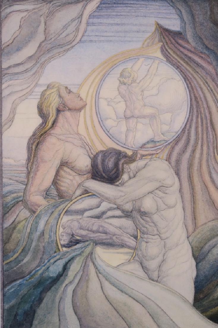 A pen and wash with gilt highlights, in the manner of: A pen and wash with gilt highlights, in the manner of William Blake, monogrammed to mount 'E.D.F. 30', 9" x 13"