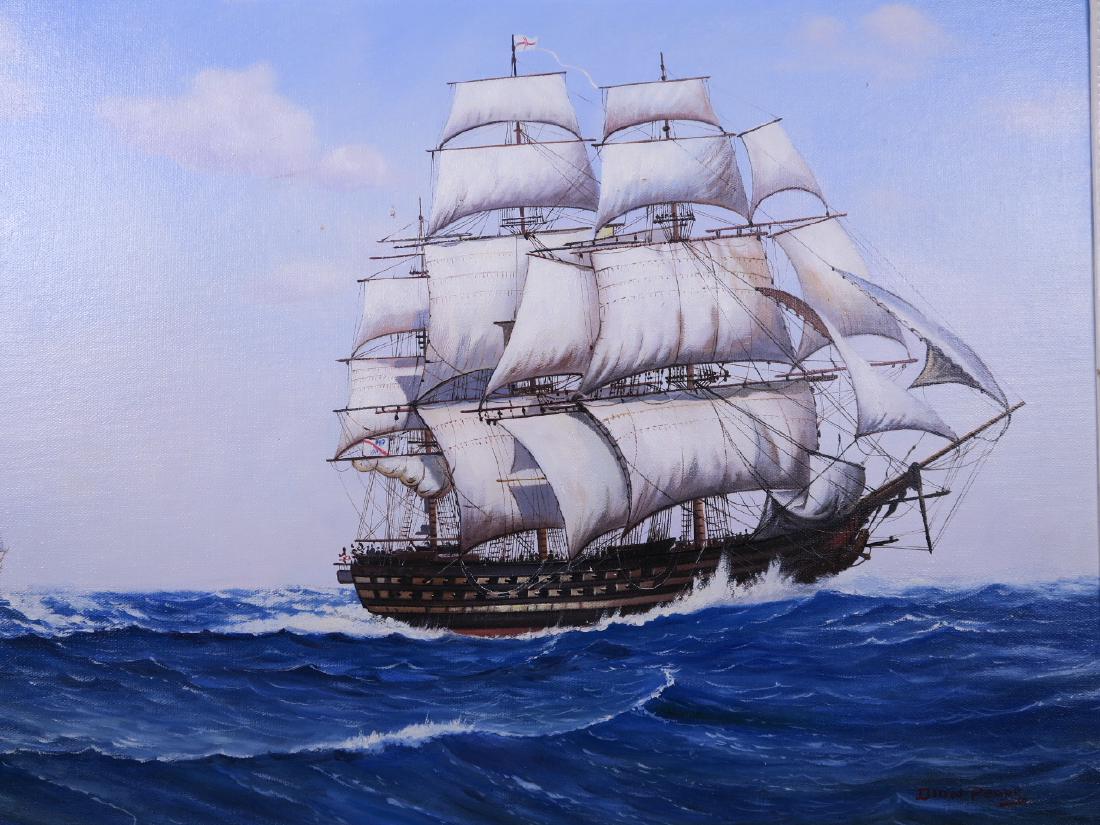 Oil on artist's board, square rigged gunship under full: Oil on artist's board, square rigged gunship under full sail, signed Dion Pears, 27" x 19"