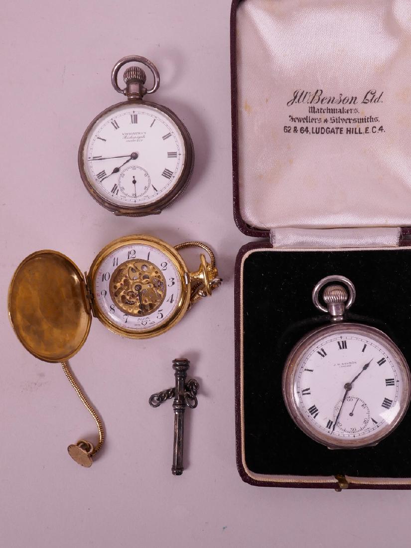 A hallmarked silver pocket watch by J.W. Benson Ltd in: A hallmarked silver pocket watch by J.W. Benson Ltd in its original box, together with a hallmarked silver pocket watch by Winegartens, a contemporary gilt cased hunter pocket watch and a silver seal