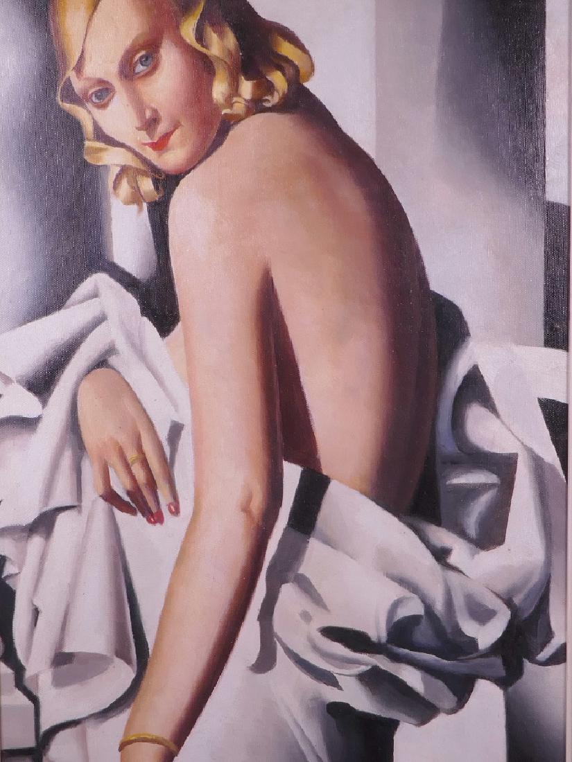 After Tamara de Lempicka, oil on board, portrait of: After Tamara de Lempicka, oil on board, portrait of Marjorie Ferry, 14" x 23"