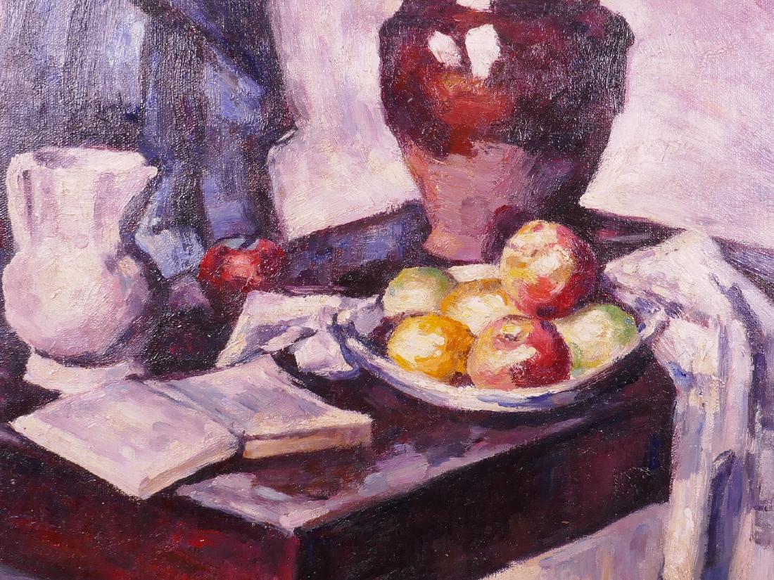 After Duncan Grant, oil on board, still life of fruit: After Duncan Grant, oil on board, still life of fruit and books, 20" x 16"
