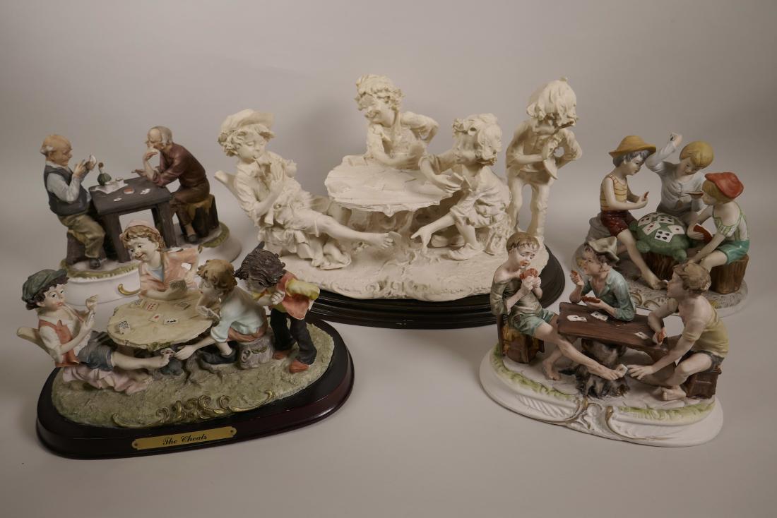 Five Capodimonte style figurines of card players,: Five Capodimonte style figurines of card players, largest 16" long