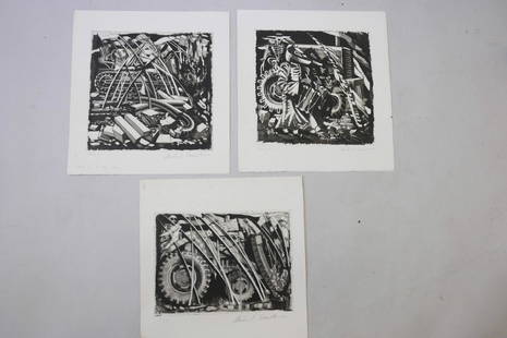 Michael Sandle R.A. (1936-), 'Skeletons, Tyres and: Michael Sandle R.A. (1936-), 'Skeletons, Tyres and Destruction', set of three aquatints, artist's proofs, signed and dated 1985, artist's notes recto, 12" x 12"