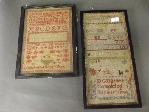 Two framed samplers of Alphabet design, 17½'' x 9'',: Two framed samplers of Alphabet design, 17½'' x 9'', Best Bid