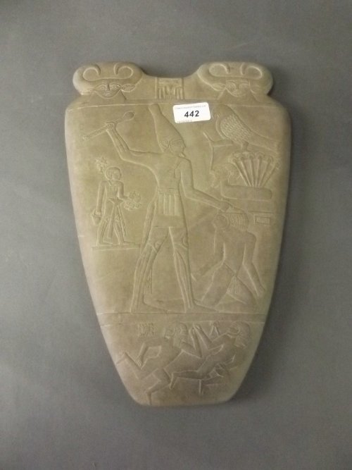 A late C19th copy of ancient Egyptian 'Narmer Palette',: A late C19th copy of ancient Egyptian 'Narmer Palette', from the late Predynastic period 3150 BC, 14'' x 9½''