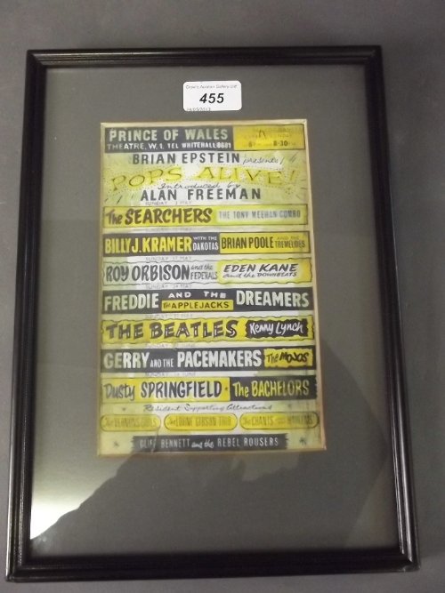 A framed 'Flyer' for a Brian Epstein Pop's Alive: A framed 'Flyer' for a Brian Epstein Pop's Alive concert at the Prince of Wales Theatre, includes The Beatles, Roy Orbison etc, 12¾'' x 9¼''