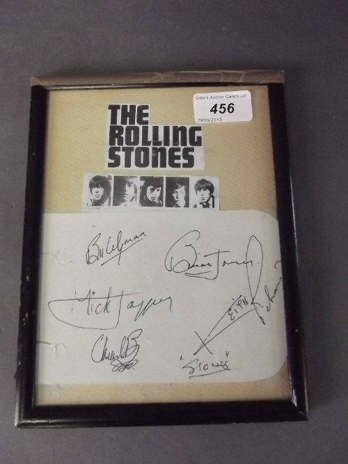 A framed set of Rolling Stones signatures including: A framed set of Rolling Stones signatures including Brian Jones, 8½'' x 6½''