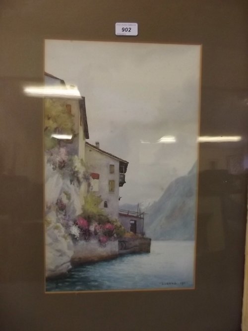 A good early C20th watercolour, 'Lake Lugano', 1911,: A good early C20th watercolour, 'Lake Lugano', 1911, monogrammed IR, image 17½'' x 10¾''