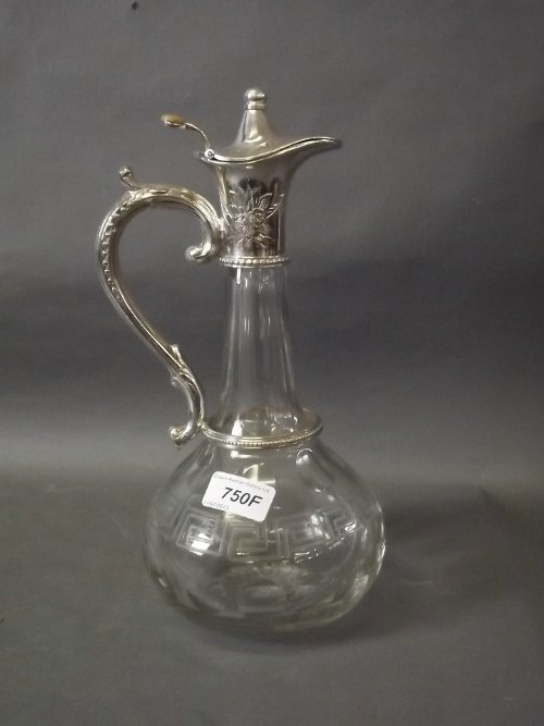 A cut glass and silver plated claret jug, 12'' high: A cut glass and silver plated claret jug, 12'' high