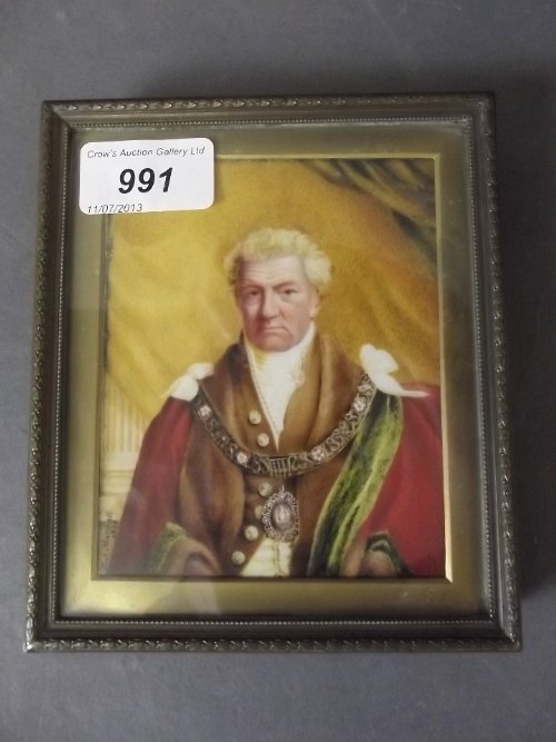 A fine early C19th miniature on ivory, portrait of the: A fine early C19th miniature on ivory, portrait of the Lord Mayor of London, signed 'Thos Marshall 1828', 6'' x 5''