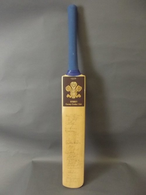 A cricket bat autographed by the 1992 Surrey County: A cricket bat autographed by the 1992 Surrey County Cricket Club, signatures include Alec Stewart, David Ward, David Lightwood, etc, 34'' long