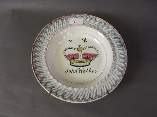 An early Victorian English pottery bowl painted with a: An early Victorian English pottery bowl painted with a crown and the name John Walker, 10'' diameter