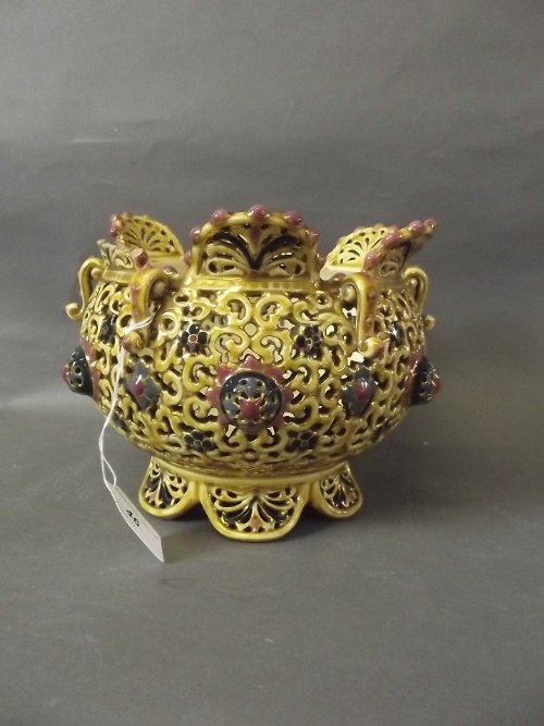 A C19th Zsolnay reticulated pottery bowl (AF), 7½'': A C19th Zsolnay reticulated pottery bowl (AF), 7½'' diameter