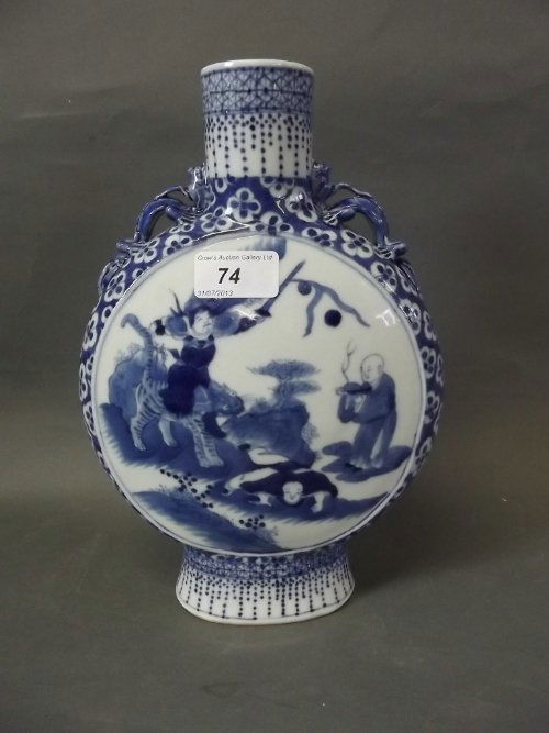 A Chinese blue and white pottery moonflask painted with: A Chinese blue and white pottery moonflask painted with figures riding a tiger, 4 character mark, 10½'' high