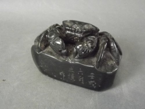 A Chinese soapstone seal in the form of a crab, with: A Chinese soapstone seal in the form of a crab, with inscription to side, 3'' long