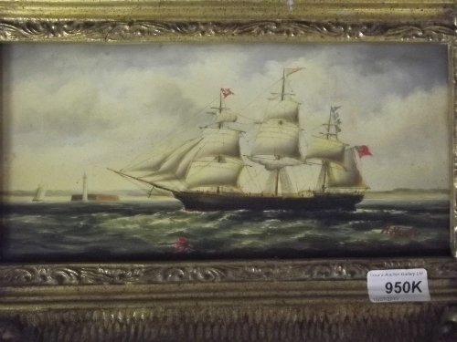An oil on panel, C19th British merchant ship sailing: An oil on panel, C19th British merchant ship sailing past a lighthouse, in a gilt frame, 5½'' x 11''