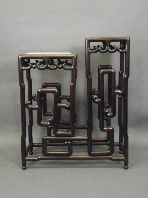 A good Chinese C19th hardwood 2 tier double stand with: A good Chinese C19th hardwood 2 tier double stand with marble inset tops, 30'' x 12'', 38'' high