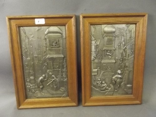 A pair of WMF metal plaques depicting continental: A pair of WMF metal plaques depicting continental street scenes, signed J.A. Wennekes, 16'' x 10¾''