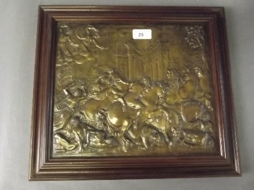 A good C19th Italian bronze plaque depicting the battle: A good C19th Italian bronze plaque depicting the battle of the Amazons, in a walnut frame, 15½'' x 13¾''